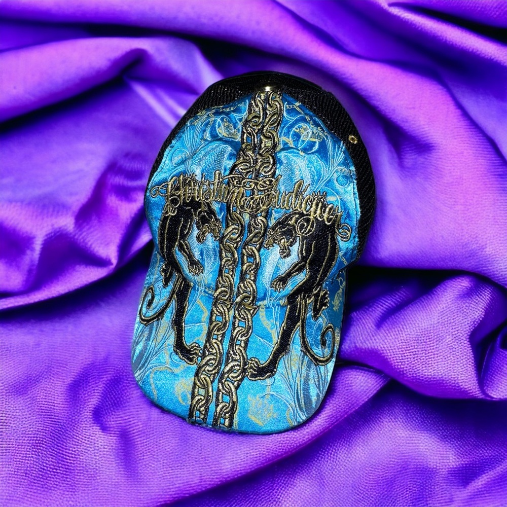 Christian Audigier Hat Blue Ed Hardy Trucker Hat Turquoise Gold Cap Jaguar Y2K